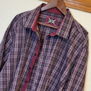 Stylish Plaid Button-Down Shirt - Black and Purple
